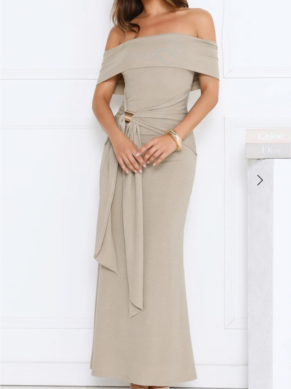 Hello Molly One-Shoulder Taupe Maxi Dress with Waist Tie